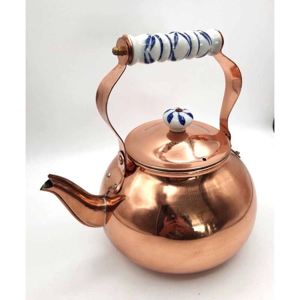 Vintage Copper Tea Kettle Blue and White Delft-Style Porcelain Handle Unused